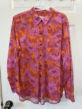 Universal Thread Orange Button-Down Shirt with Pink Floral Print